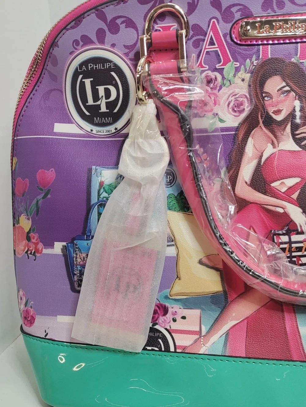 LA Philipe Pink & Teal Graphic Dome Handbag With Strap NWT With Dust Bag.